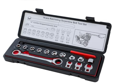 KATSU Tools 15-Piece Universal Ratcheting Serpentine Belt Tool Set, CR-V, for Removing and Installing Car Vehicle Serpentine Belts 449832