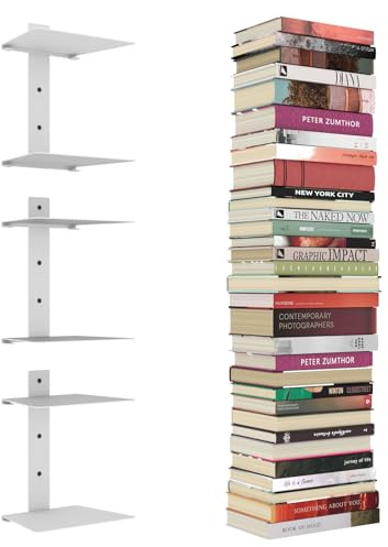 Estanteria Invisible para Libros, 6 Etanteria Invisible Verticales, Estanterías Flotantes para Pared, Estanterías mMetálicas Ocultas para Dormitorio, Decoración de Oficina en Casa, Juego de 3, Blanco