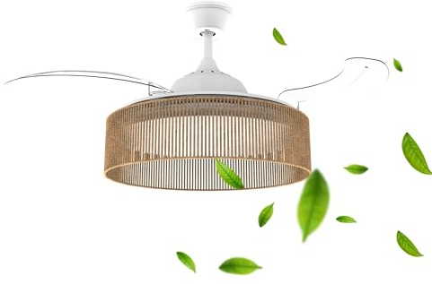 Mellerware - Ventilador de Techo con Luz y Lámpara de cuerda Brizy Bright Rattan | 40 W | 6 Velocidades | 3 Aspas 106 de Diámetro | Ultra Silencioso | Función Verano-Invierno | Temporizador | LED