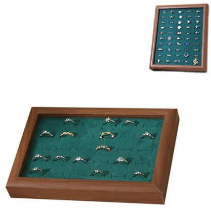Bustlwor Présentoir Bague Bois, Plateau Bijoux Velours, Boîte Rangement Bague, pour le Rangement des Bijoux, Beaucoup D'espace de Rangement (Vert Noyer)