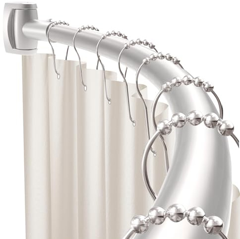 Curved Shower Rail 35-76 Inches Adjustable, Rustproof Stainless Steel Curved Shower Curtain Rail, Shower Curtain Pole for Bathroom, Living Room, Balcony, Need to Drill, Silvery