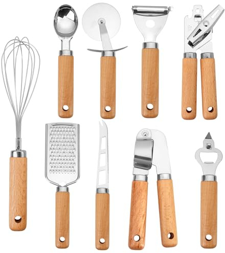Stainless Steel Kitchen Gadget Set – 9 PCS Western Cooking Utensil & Tool with Wooden Handle: Pizza Cutter, Garlic Press, Can and Bottle Opener, Ice Cream Scoop, Peeler, Cheese Grater and Knife, Whisk