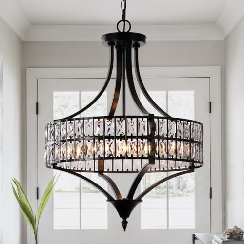 Rviezza Schwarzer Rund Kristall Kronleuchter 5-flammig, dimmbare E14 Pendelleuchte höhenverstellbar, Landhaus Industriell Deckenlampe für Esstisch Kücheninsel Wohnzimmer Schlafzimmer