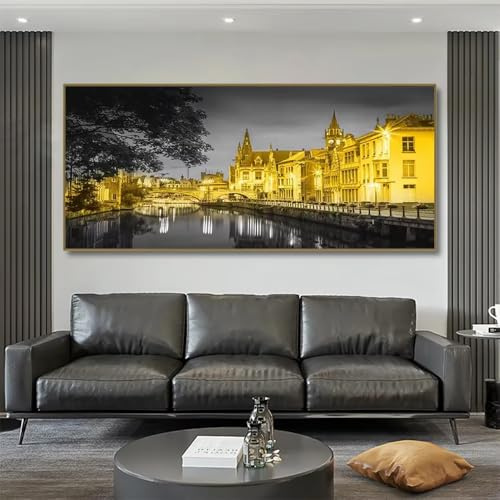 Décoration murale pour salon : tableaux en noir et blanc, cadres dorés, paysages, peintures abstraites, art moderne 75x150cm(30x59in)