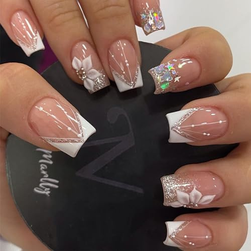 French Press On Nails, fyrkantiga korta naglar att klistra på, 24 stycken glänsande rosa konstgjorda naglar med strass och blommor, konstgjorda naglar med nagellim, naglar, falska nails, nagelkonst