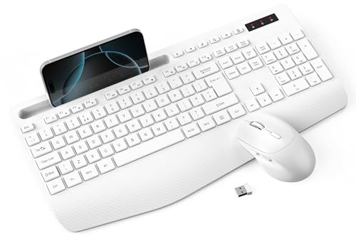 Wireless Keyboard and Mouse, Phone Holder and Ergonomic Wrist Rest - White | SABLUTE Keyboard with Sleep Mode, Multimedia Key, Silent 2.4G Full-Size Cordless Set for Computer, Laptop, PC, Windows - KM23