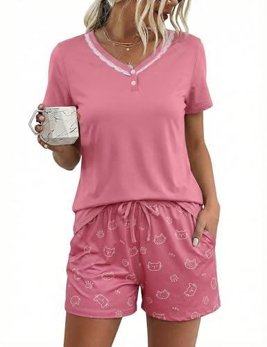 Aseniza Pyjamas för Kvinnor Sommar Bomull Kort Bomull Pyjamas Set Kvinnor Spets Kortärmad Lätt Tvådelad Elegant Andningsaktiv Mjuk