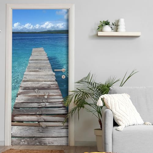 Türtapete selbstklebend blasenfrei | 200 x 90 cm Steg am Meer | Tür Aufkleber Türfolie | Einteilig | Wasserfest 3D Türaufkleber Klebefolie Türposter Möbelfolie