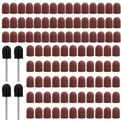 Slipkåpor nagelfräs 100 stycken, sliphylsor nagelfräs med 4 skaft, 15 × 10 mm slipkåpor fotvård, nagelmodellering, sliplock, nagelfräsar för polering och slipning av spikar
