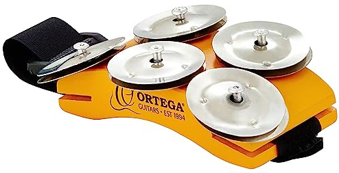 Ortega Guitars Percussion Foot Tambourine - Fußtamburin mit Edelstahl Schellen - Siam Eiche, Orange (OSSFT) | Für Bühne, Studio & Jam-Sessions, 5 Paar Schellen aus Edelstahl, OSSFT
