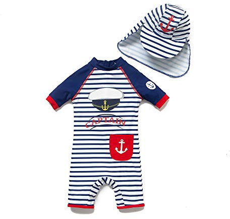 BONVERANO Maillot de Bain bébé garçon Une pièce à Manches Courtes Protection UV 50+ Maillots de Bain avec Fermeture éclair（Bleu-Chapeau，12-18 Months）