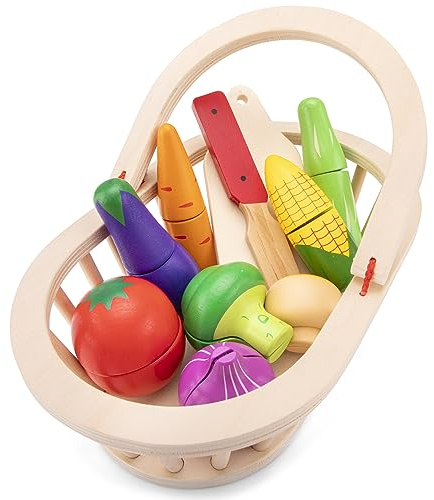 New Classic Toys - Vegetable Basket With 8 Wooden Vegetables - Kitchen Accessories for Kids, Montessori Toys, Play Food - 1 Set of 9 Pcs, Multi-colour Colour