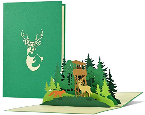 Diese-Klappkarten 3D Pop Up Karte Geburtstag mit Jäger Motiv - Wald Fuchs Hirsch Popup Karte zum Geburtstag - Geburtstagskarte Pop Up Effekt Förster Motiv - Geburtstagskarte 3D