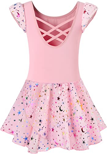 DANSHOW Ballet Leotards for Girls Dance Skirted Leotard Kids Ballet Tutu Dress Toddler Shiny Ruffle Sleeve Dancewear(40431-08-M)