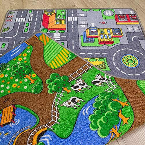 The Rug House Kids Reversible Double Sided Town City Roads Car Playmat Childrens Play Village Farm Mats 80cm x 150cm