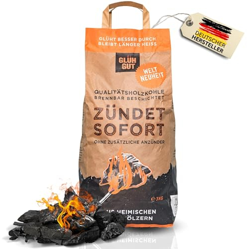 Premium Grill Holzkohle - inkl. biobasierter Anzündbeschichtung - aus Eiche & Buche - Glühgut Grillkohle für Kohle Grills | 3Kg