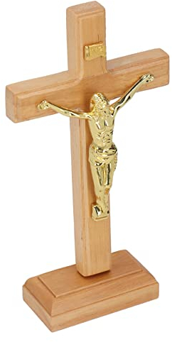 Fockety Wall Cross Crucifix, Jesus Nailed On The Cross Wooden Standing Tabletop Holy Catholic Crosses with Stable Base, Hanging Crosses Wall Decor for Ceremony, Religious Gifts, Fireplace Ornaments