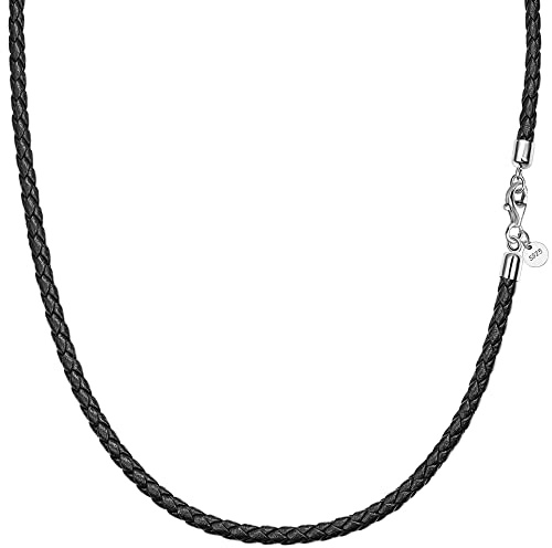 Viwind Äkta läderhalsband 2,5 mm/3 mm bred vävd läderkedja med läderrem 45 till 60 cm finns i 925 sterlingsilver för, 55cm, Sterlingsilver, 925 silver