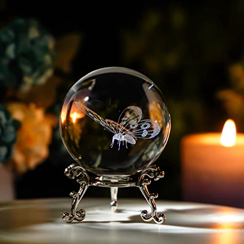 HDCRYSTALGIFTS 3D Laser Butterfly Crystal Ball Paperweight Glass Sphere Figurines Decorative Balls Gift (60mm)