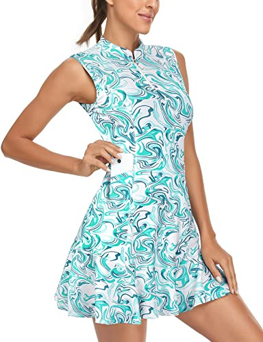 Tanst Sky Golf Dress for Women with Shorts, Women's Tennis Dress with Pockets Sweat Absorption Zip Up Pleated Hem Sleeveless Workout Sports Exercise Athletic Clothes Green Wave Medium