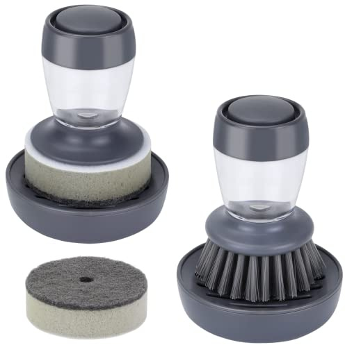 DAPOWER Spülbürste mit Seifenspender, Küchenbürste für Geschirr, Töpfe, Pfannen, Spülbecken, Geschirrschrubber mit Halterungs-Set (Grau, 2er-Pack)