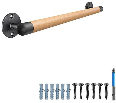 SELEWARE Pasamanos de madera de 24 pulgadas, pasamanos de pared con barras de metal resistentes, barra de agarre de escalera sin barreras para ancianos, redondo de 1.3 pulgadas
