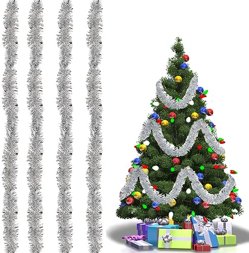 Guirlandes Tinsel Noël, 4 pcs Guirlande de Noel Sapin, Guirlande Tinsel de Fête, Guirlande Tinsel Métallique Scintillantes, Guirlandes Brillants de Noël, Pour Décorer Sapin de Noël Fenêtre, Argent