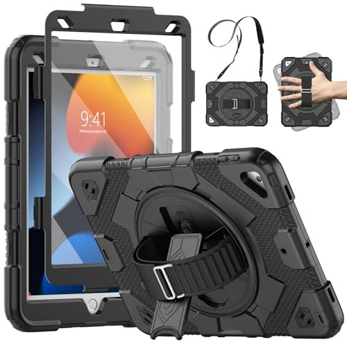 SEYMCY Case for iPad 9th 8th 7th Generation 10.2 inch 2021/2020/2019, Shockproof with 360° Rotating Hand Strap & Stand, Screen Protector, Shoulder Strap, Pencil Holder for iPad 9/8/7 Gen, Black
