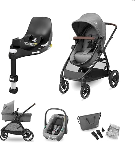 Maxi-Cosi Zelia S Trio Kinderwagen 3in1 Set, FamilyFix 360 drehbare Basisstation Bundle - Kinderwagen Travel System inkl. CabrioFix S i-Size Autositz, 0-4 Jahre, bis 22 kg, Grau + FamilyFix 360, Black
