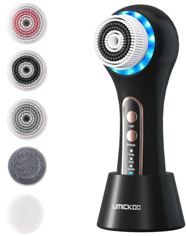 UMICKOO Face Scrubber Exfoliator,Facial Cleansing Brush Rechargeable IPX7 Waterproof with 5 Brush Heads,Electric Face Spin Brush for Exfoliating, Massaging and Deep Cleansing (Black+Gold)