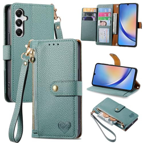 VEEMOS Handyhülle für Samsung Galaxy A35 5G Hülle Klappbar Klapphülle Schutzhülle mit Kartenfach RFID Reißverschluss Handy Tasche Leder Flip Case Cover Handytasche Frauen - Grün