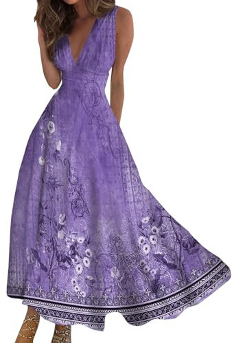 Skang Sommerkleid Damen Elegant Damen-Unterkleid Frühling/Sommer 2024 Elegantes ärmelloses Maxikleid mit V-Ausschnitt stilvolles fließendes bedrucktes Strandkleid Abendkleid Elegant