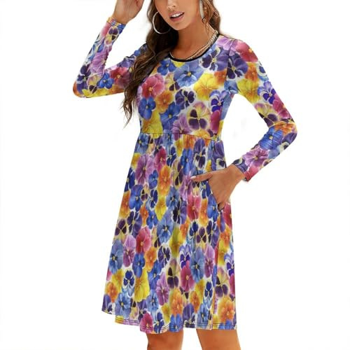 Fall Dresses for Women 2024, Garden Tricolor Pansy Flower Long Sleeve Casual Midi Flowy Dresses for Women, Black, L