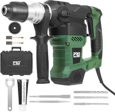 Prostormer 1-1/4 SDS-Plus Rotary Hammer, 13 Amp Powerful Motor, 4 Functions Rotary Hammer Drill with Case, Including Grease, Chisels, Drill Bits, for Concrete, Steel, Wood