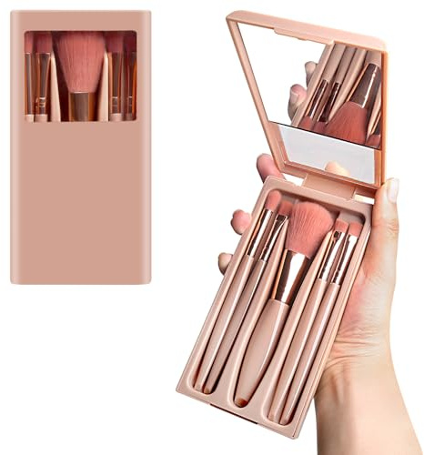 Set di pennelli da trucco da viaggio, 5 mini pennelli con specchio, portatili (Brown)