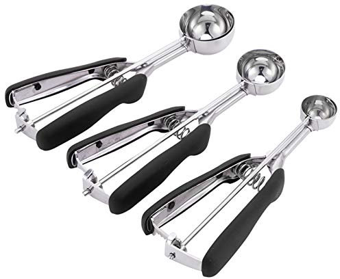 Akozon 304 Stainless Steel Cookie Scoop Set - 3-Piece Ice Cream and Melon Ballers - for Cookies, Ice Cream, and Desserts - and Easy to (Black)