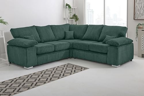Oxford Teal Jumbo Cord Sofa | Foam-Filled Cushions & Chrome Feet | Comfortable Padded Design | 2 Seater, 3 Seater, 3+2 Seater, Corner Sofa Set – Soft Fabric Couch for Living Room (Teal, Corner)