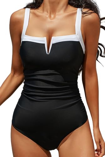 VILOREE Dambaddräkt, ett stycke, badmode med V-form, magkontroll, monokini cut out, Svart och vit (136), S