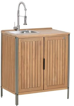 Beliani Outdoor-Küchenschrank zertifiziertes Holz braun/Silber mit Spüle Armatur Ivrea