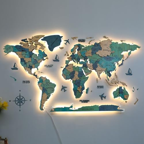Decorazione artistica da parete 3D, mappa del mondo in legno e acrilico a LED, decorazione moderna per la casa per soggiorno, idea regalo unica, decorazione murale con illuminazione a LED