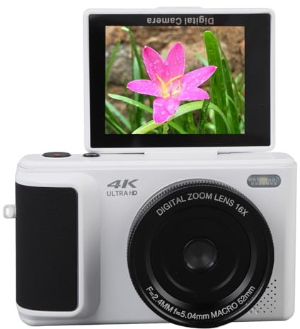 Cuifati 64MP Digitalkamera med 16x Zoom, 4K -videokamera Auto Focus med 180 ° Flip Screen, Beauty Filters, Anti Shake, för Selfie Photo Video (WHITE)