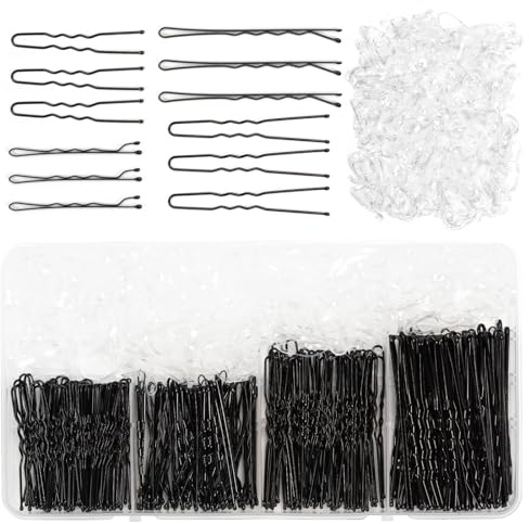 Epingle Cheveux Femme, Lot de 200 Pince Cheveux et 500 Bandes, Pince Chignon U Barrette Cheveux, Pinces à Cheveux Plate pour Femmes, Accessoires Cheveux (noir)