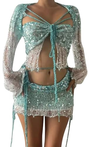 AMhomely Womens Sexy Crochet 2 Piece Outfits Sexy Long Sleeve Crop Top with Mini Skirt Knitted Teens Y2k Sequin Dress Sets,T17- Light Blue,S