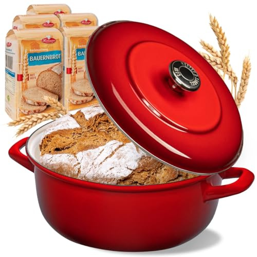 BIELMEIER Gusseisen Brottopf Keramik 28 cm rot CLEAN Diamantglasur 5x Brotbackmischung Bauernbrot a 500 g