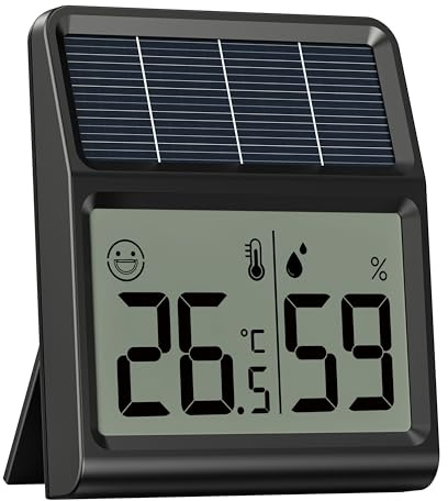 Solar Humidity Meter, Room Light Powered Indoor Hygrometer Thermometer, No Battery, Requires Constant Light