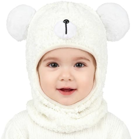 AYPOW Bonnet Cagoule Chaud d'Hiver pour Bébé Enfant, Multifonction Chapeaux Echarpe en Polaire Peluche Thermique Coupe-Vent Tricoté Cache-Cou Capuche Cache Oreilles avec Double Pompon Tout Petit