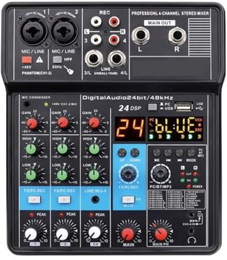 Mixer audio, 4 canali mini mixer audio scheda DJ 16 effetti digitali riduzione del rumore console USB registrazione for canto per karaoke in studio