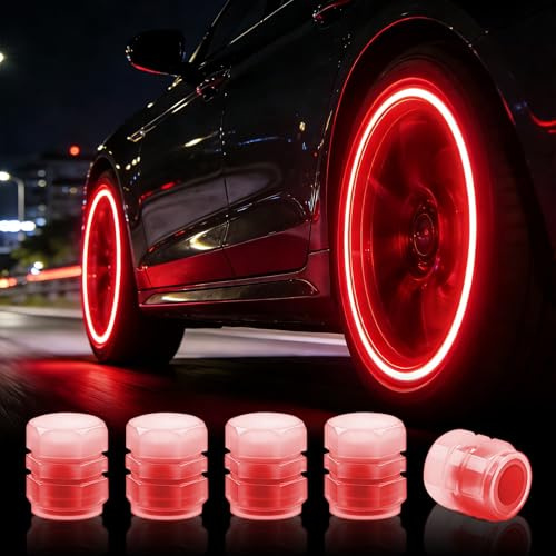 20Pcs Glow in The Dark Tyre Valve Caps, Fluorescent Red Dust Covers