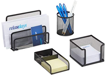 Relaxdays Set da Scrivania Ufficio, 4 Accessori, Portacarte, Portapenne, Contenitore Foglietti e Graffette, Mesh, Nero