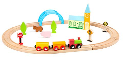 small foot Holzeisenbahn Stadt und Land aus Holz, 24-teiliges Eisenbahn-Set zum Aufbauen, ab 3 Jahren, 11490